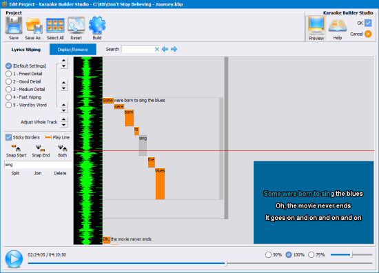 Watch the words move as the song plays, and make precise changes to the timings of each word.