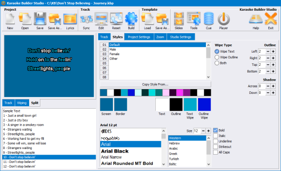 Styles can be customised to show a different font, colour, outline, shadow, and more. These styles can then be applied to each line in your track, to create a high level of customisation, while still being easy to understand and quick to use.