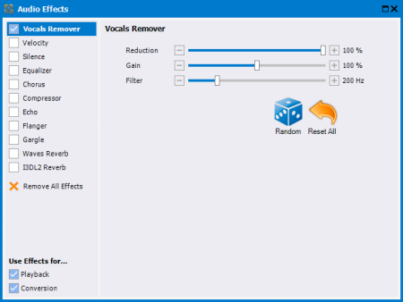 Select one or more <B>Audio Effects</B>, make adjustments to its settings using the sliders, and hear the results in real time.